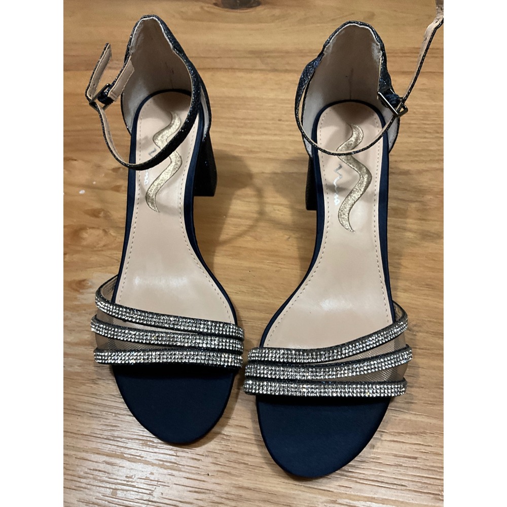Nina Navy Blue Glitter Rhinestone Block Heel Evening Sandals Womens 8M - Picture 2 of 6